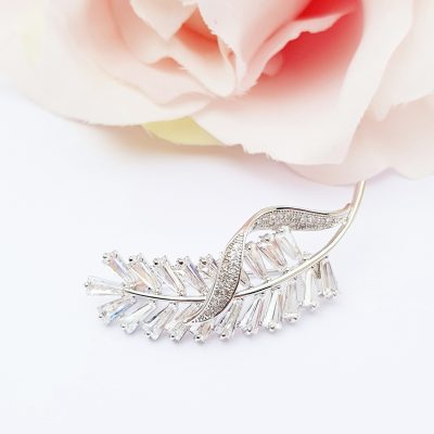 Crystal & Silver Feather Brooch - BR01S